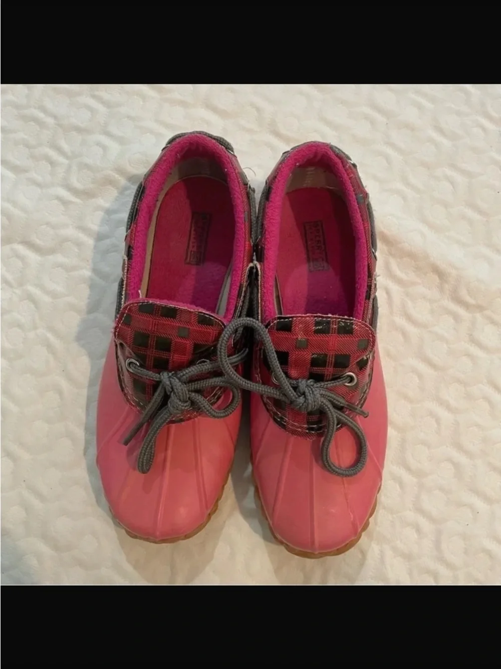 Sperry Kids Pink Waterproof Duck Boots - Plaid Trim 4y